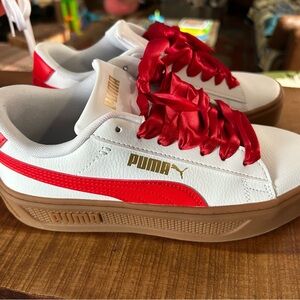 Puma White Sneakers with Red Accents and Gum Sole